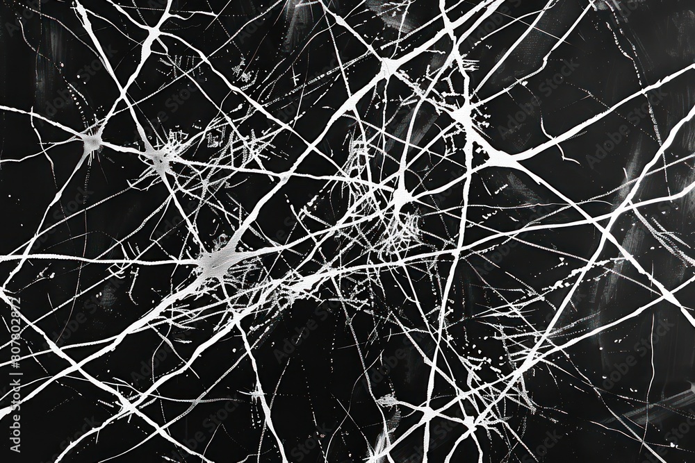 A black and white photo of a spider web with a lot of white lines