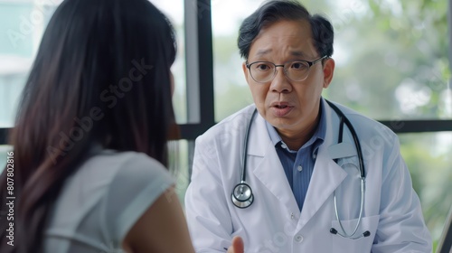 An Asian doctor discussing treatment options and providing guidance to a patient or family member. 