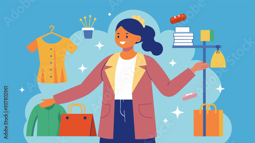 Witness the power of thrifting as a fashion influencer shows us how secondhand shopping can not only save you money but also help reduce fashion. Vector illustration