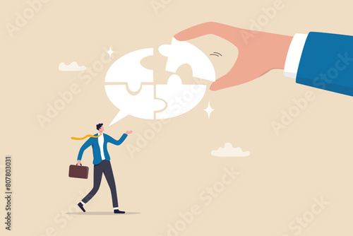 Complete communication speech bubble, solve or help employee communicate with dialogue puzzle, discussion or negotiation skill concept, businessman hand help connect jigsaw on speech bubble.