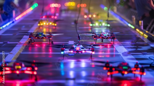 Racing drones lined up on a brightly illuminated track, ready to launch into a high-speed night race with vibrant light effects. photo