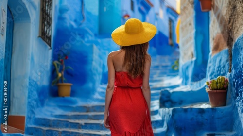 portrait of a young woman with a red dress and yellow hat in the blue city of Chefchaouen in morocco © JK2507