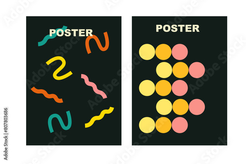 Brutalist posters set with naive playfull shapes and smile stickers. Retro abstract shapes backgrounds. Brutal contemporary figure circle oval wave patterns. Geometric posters in modern brutalist styl