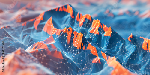 Majestic mountains glow in dawn's and dots with golden light, for  Low Poly Digital Mountain Range, Unraveling Networks of Connection and Communication concept background  

