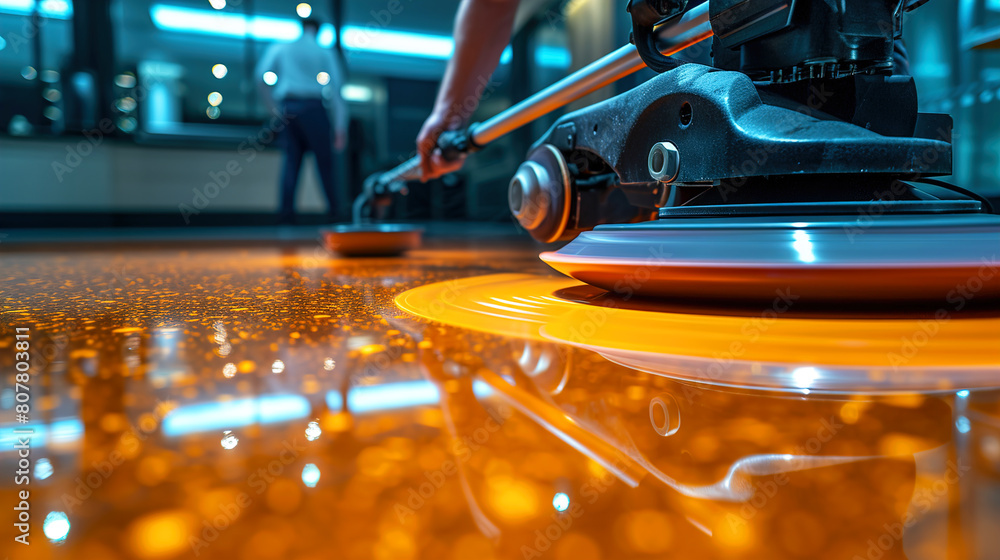 Fototapeta premium High speed polishing machine of a worker polishing hard floor close up view