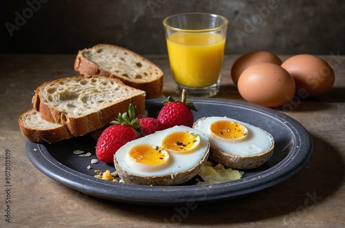 Quail Egg Delight Artful Breakfast Platter with Cheese, Crusty Bread, and Fresh Fruits