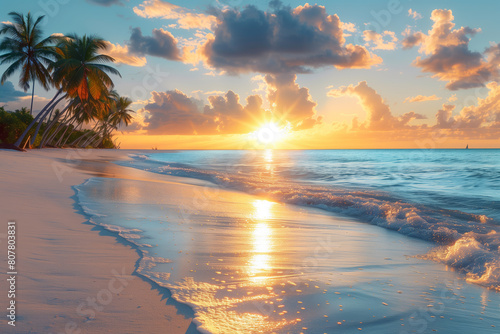  Sunset at a tropical beach with palm trees and gentle waves