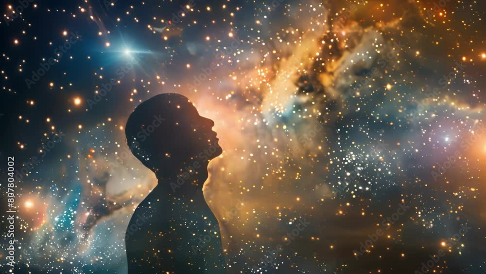 Young adult gazing into a starry cosmic galaxy