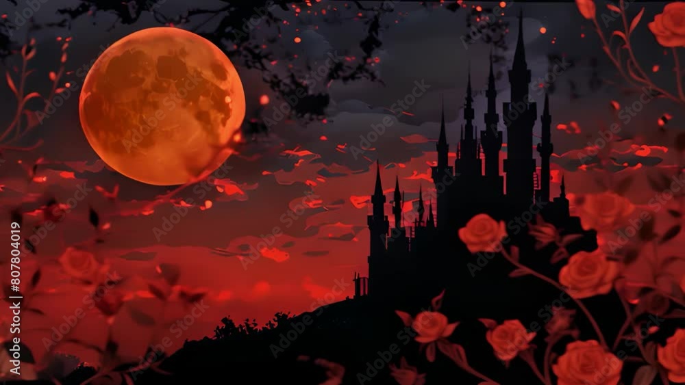 Enchanting gothic castle under a full moon with crimson roses Enchanting gothic castle under a full moon with crimson roses
