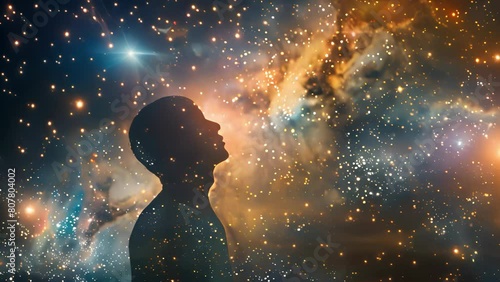 Young adult gazing into a starry cosmic galaxy