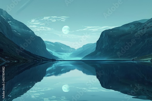 Mystery landscape of a deep fjord, reflecting an enigmatic yet captivating environment, in solid color, illustration template © Sweettymojidesign