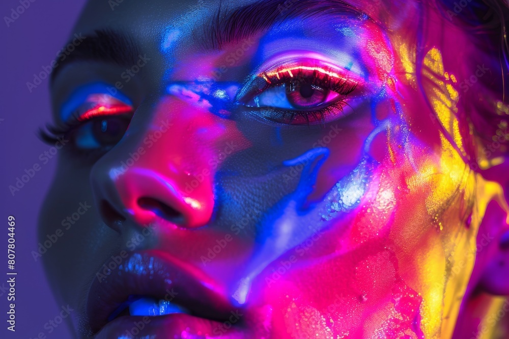 Brightly colored woman with bright make up and glowing eyes