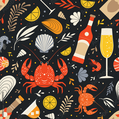 Seafood Pattern with Lobsters Shrimps and Cocktails (ID: 807804636)
