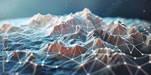 Above view low poly digital mountain range, Inter connection and communication concept,
