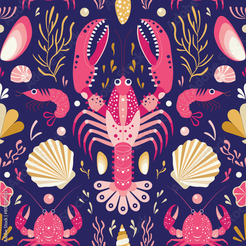 Lobsters and Crabs Seafood Marine Pattern (ID: 807804813)