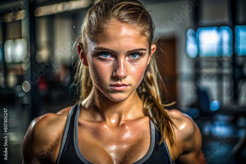 Professional Fitness Transformation Portrait of Teen Girl in Gym Environment with Sweat Glistening, Motivation Accomplishment High Resolution DSLR Photography photo