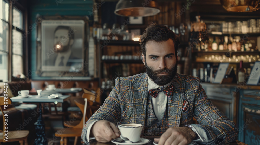 Handsome bearded businessman. Guy with a beard in a retro suit in a cafe Handsome bearded businessman. Guy with a beard in a retro suit in a cafe