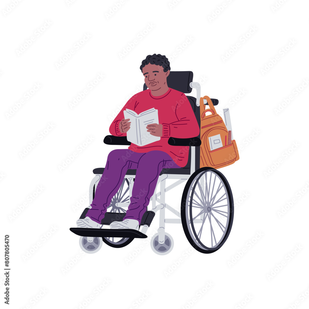 A man in a wheelchair reads a book, vector isolated illustration. A man in a wheelchair reads a book, vector isolated illustration.