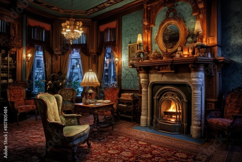 An Opulent Victorian Drawing Room with a Crackling Fireplace and Richly Decorated Interiors