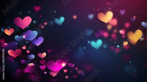 Bokeh-style abstract dark gradient background featuring hearts