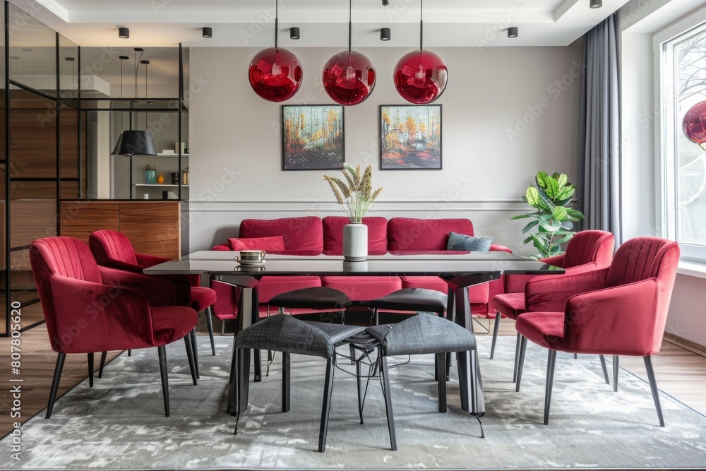 Modern dining room with a vibrant setup featuring red velvet chairs ...