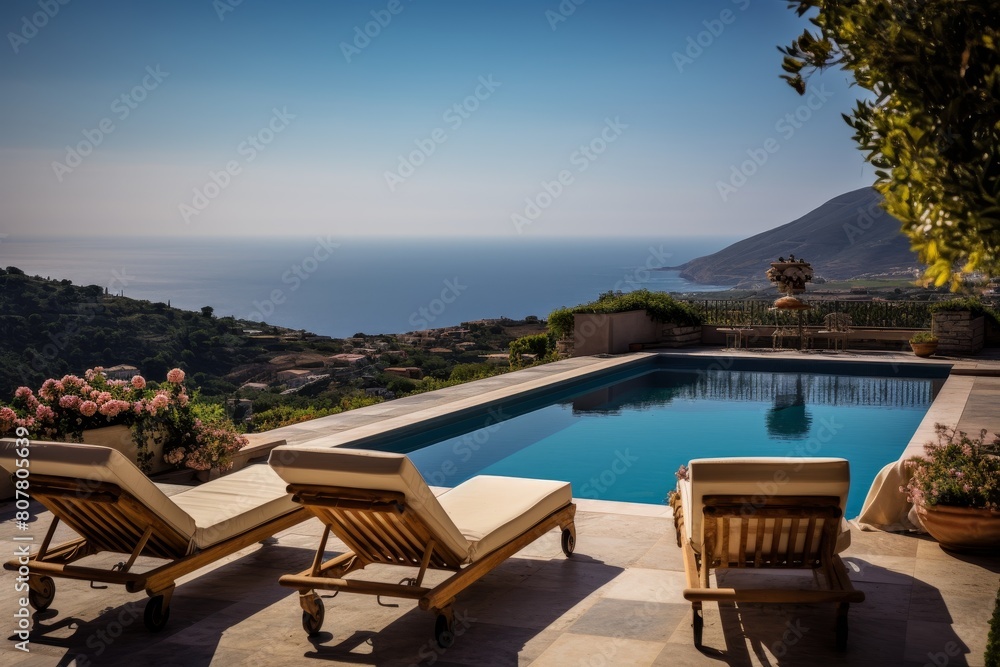Fototapeta premium Serenity Embodied: A Hillside Mediterranean Villa Nestled Amidst Olive Groves with a Stunning Sea View