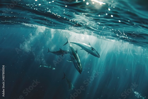 Underwater Grace, Pod of Dolphins Gliding through Sunlit Ocean Depths photo