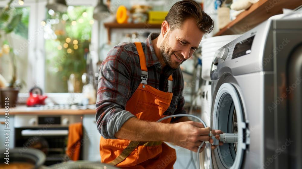 Smiling professional repairman in overalls efficiently repairs a washing machine in a well-equipped home environment. Smiling professional repairman in overalls efficiently repairs a washing machine in a well-equipped home environment.