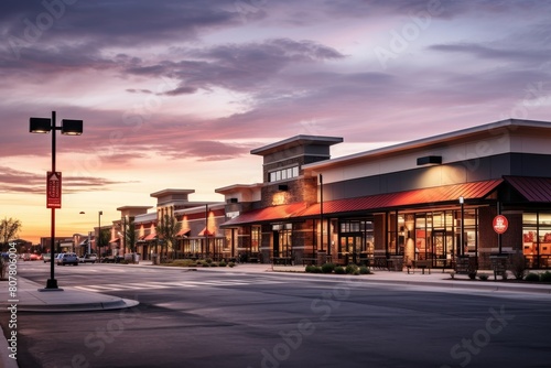 A Bustling Suburban Shopping Center at Dusk with a Variety of Unique Retail Stores