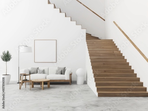 A white staircase leads to a living room with a couch and a coffee table. The staircase is made of wood and is quite long