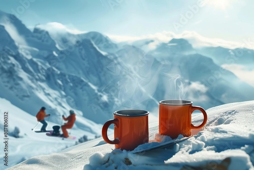 Active winter sports background featuring snowboarders against a stunning mountain view, with a foreground of hot coffee mugs steaming in the cold