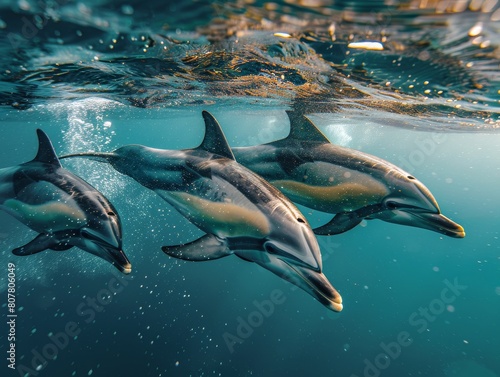 Dolphins are swimming underwater in ocean during summer