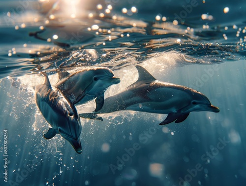 Dolphins are swimming underwater in ocean during summer