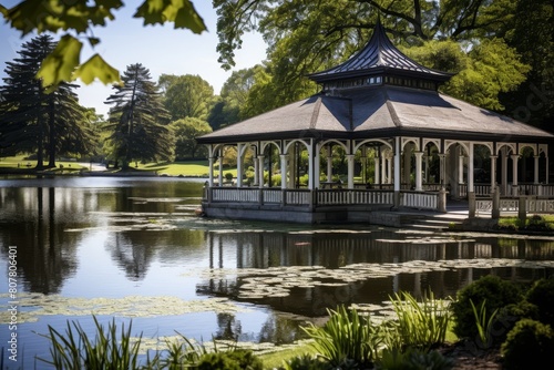 A Peaceful Midday Scene at a Gothic-inspired Park Pavilion by a Calm Lake with Swans