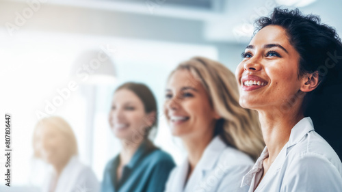 Smiling diverse female colleagues in an nurse meeting  side view