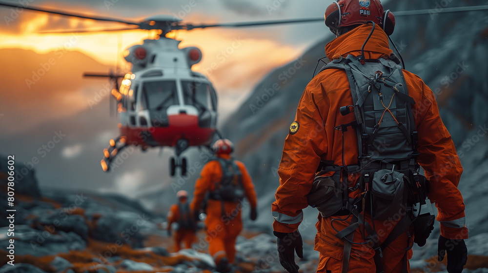 Paramedics in the mountains. Rescue helicopter in the mountains. Paramedics in the mountains. Rescue helicopter in the mountains.