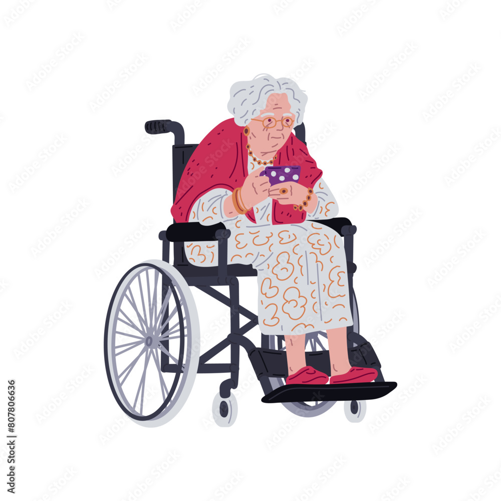 Elderly woman in wheelchair enjoying tea vector illustration Elderly woman in wheelchair enjoying tea vector illustration