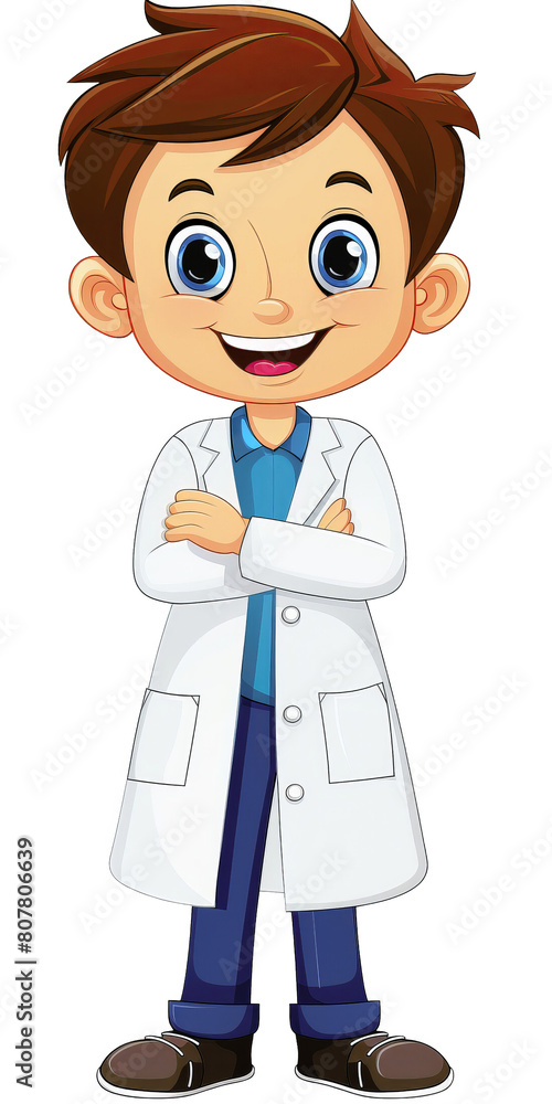 This is a cartoon image of a young boy wearing a lab coat