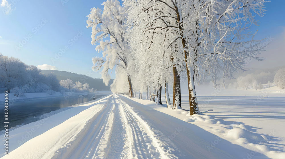Obraz premium Winter landscape with trees near the river