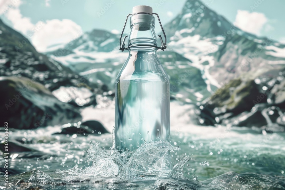 Glass Water Bottle in Clear Mountain Stream - Eco-Friendly, Hydration, Outdoor Adventure Glass Water Bottle in Clear Mountain Stream - Eco-Friendly, Hydration, Outdoor Adventure