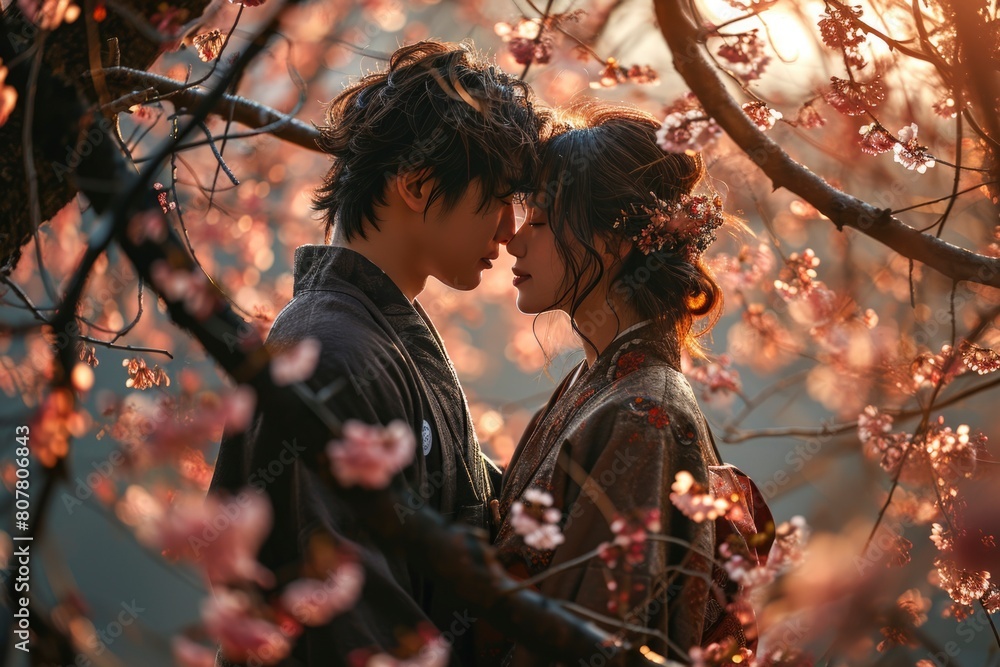 Romantic Couple Embracing Amidst Blossoming Cherry Trees at Sunset