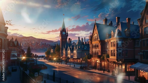the atmosphere of an old town in Canada in the afternoon. Cartoon or anime digital painting illustration style. seamless looping 4k video animation background. photo