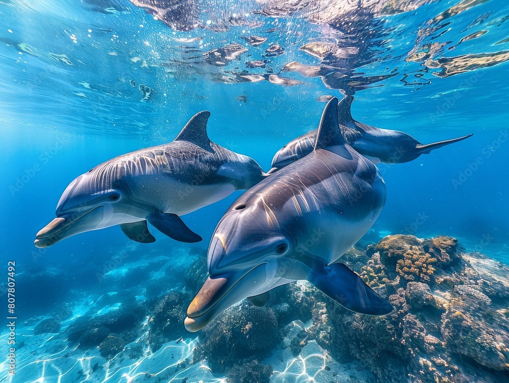 Obraz premium Dolphins swimming underwater in ocean during summer in a beautiful submarine landscape view