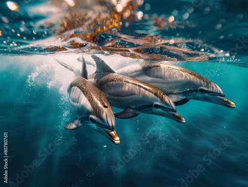 Dolphins swimming underwater in ocean during summer in a beautiful submarine landscape view