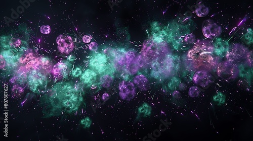 A sequence of green and purple fireworks, artistically scattered across the night sky, creating a mesmerizing spectacle