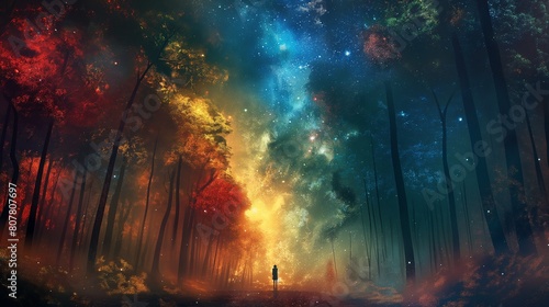 a painting of a person standing in the middle of a forest, digital art animated pastel color galaxy scenerio digital art, painting, 3d illustration photo