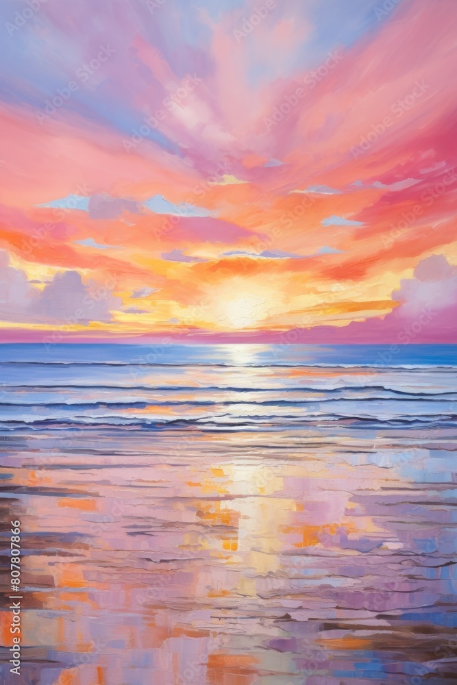 Sunset over ocean with vivid pink and orange sky reflected in water, vertical oil painting