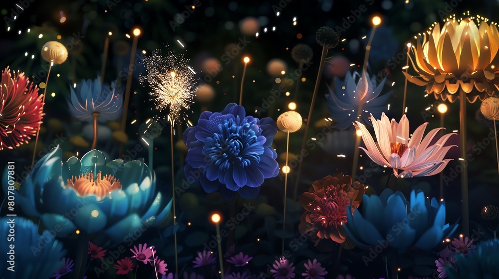 Lifelike depiction of various fireworks, from golden sparklers to blue peonies, all vivid against the dark night in 4K