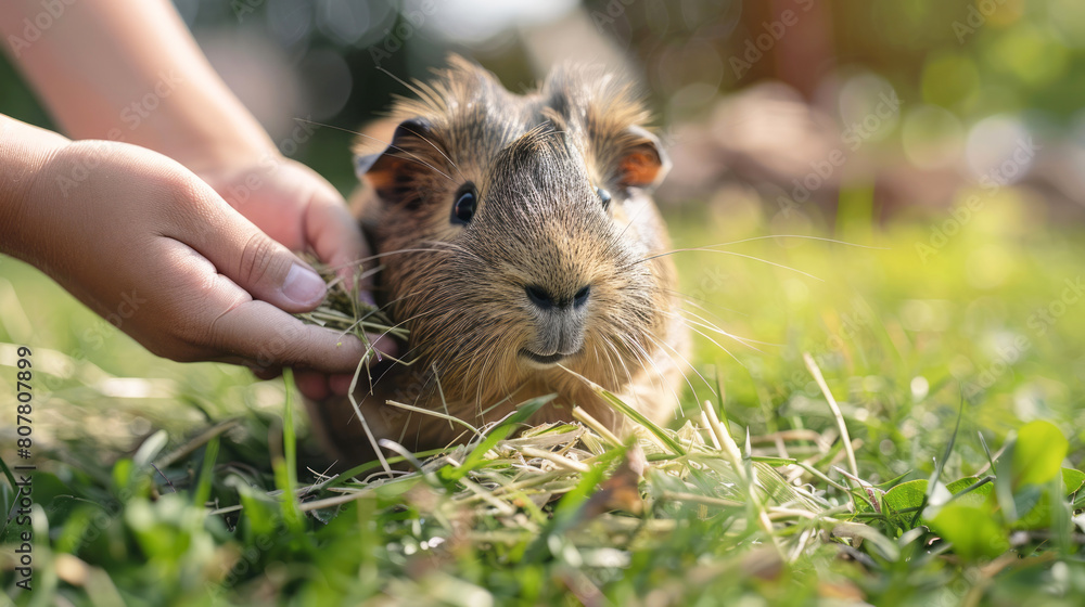Children petting zoo with hands offering hay to a guinea pig Children petting zoo with hands offering hay to a guinea pig