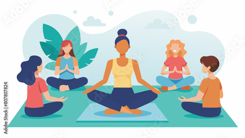 Soft instrumental music plays in the background as the yoga instructor guides the group through a series of relaxing poses.. Vector illustration